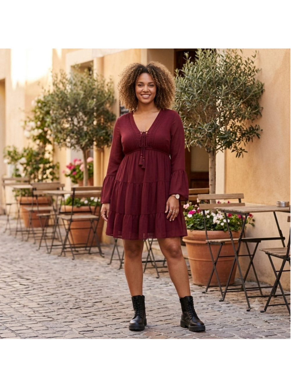 Torrid Womens Dress Sz 00 10-12 Burgundy Boho Peasant Tiered Bell Sleeve Lace Up